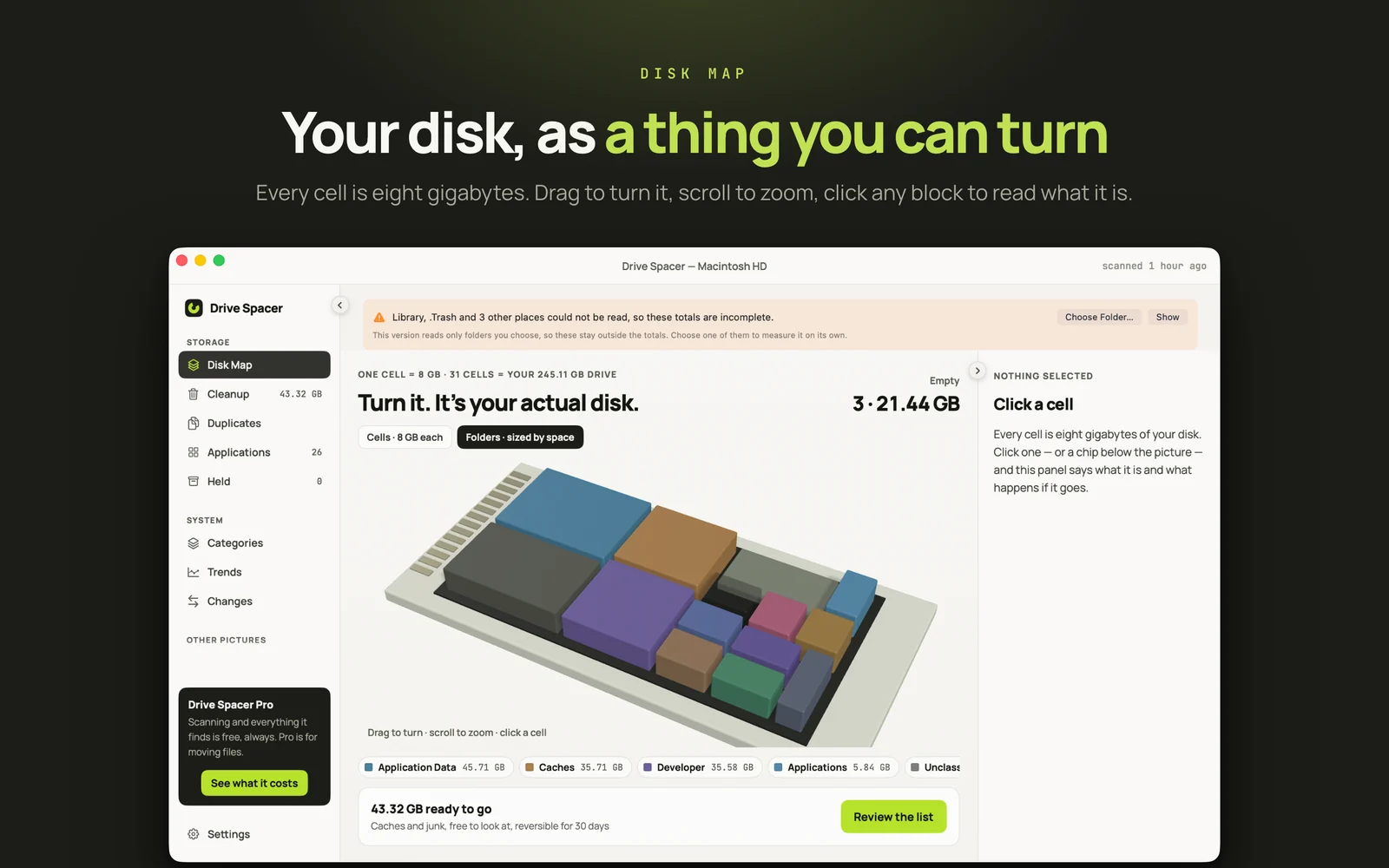Drive Spacer's disk map, a three-dimensional grid of coloured blocks where each cell is eight gigabytes of the drive