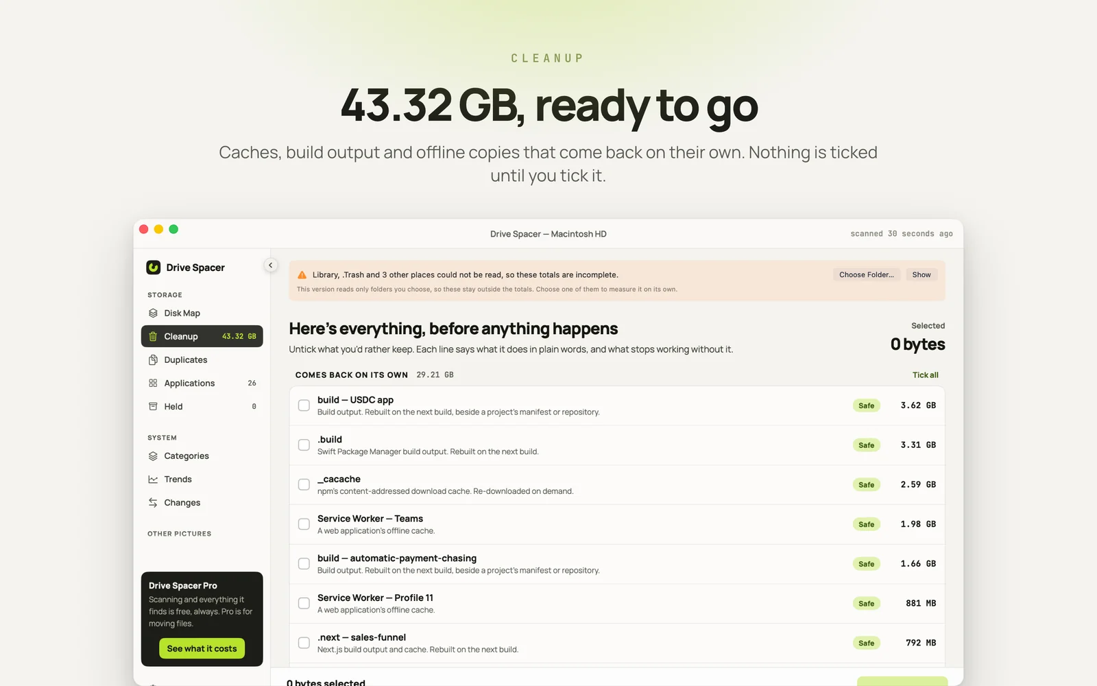 The cleanup list showing 43.32 GB of caches and build output, each row labelled Safe with its size