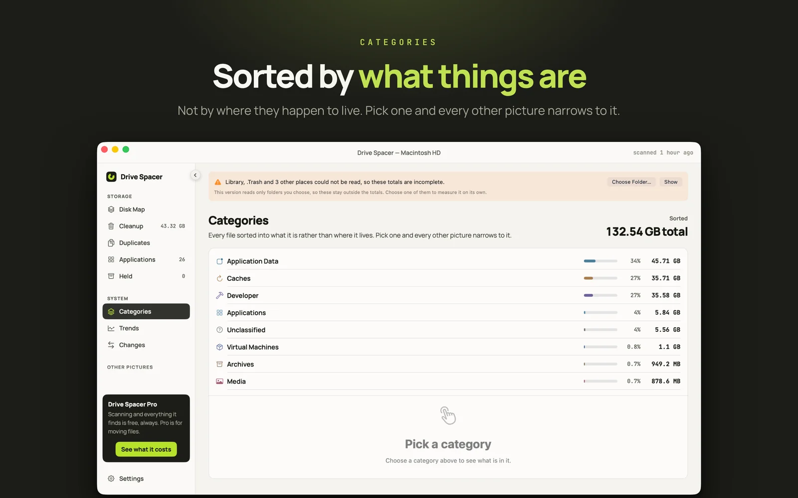 The categories screen sorting 132.54 GB into Application Data, Caches, Developer, Applications and more