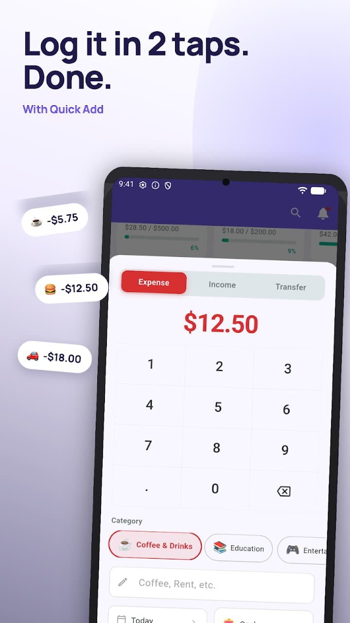 Quick Add screen with a numeric keypad and category chips for logging an expense in two taps
