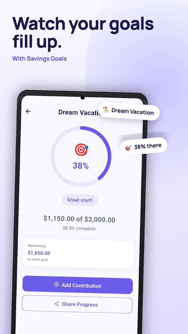 A Dream Vacation savings goal at 38 percent, with remaining amount and add-contribution button