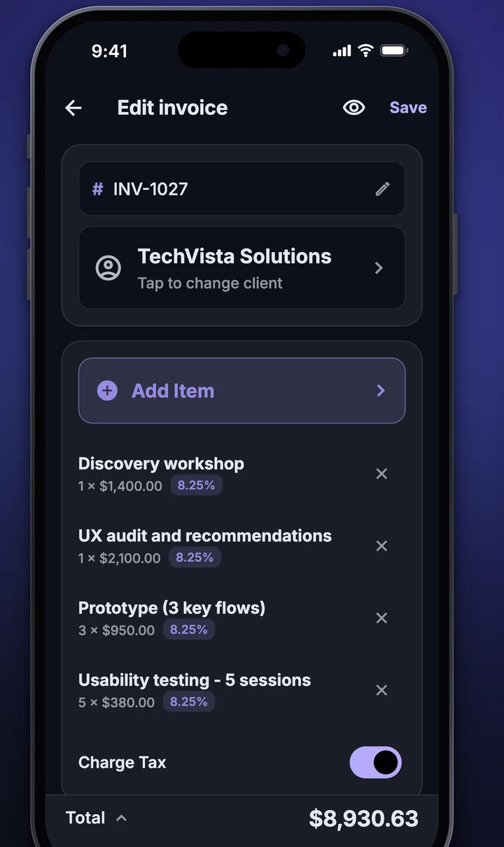 The Invoicy invoice editor with an invoice number, client and line items.