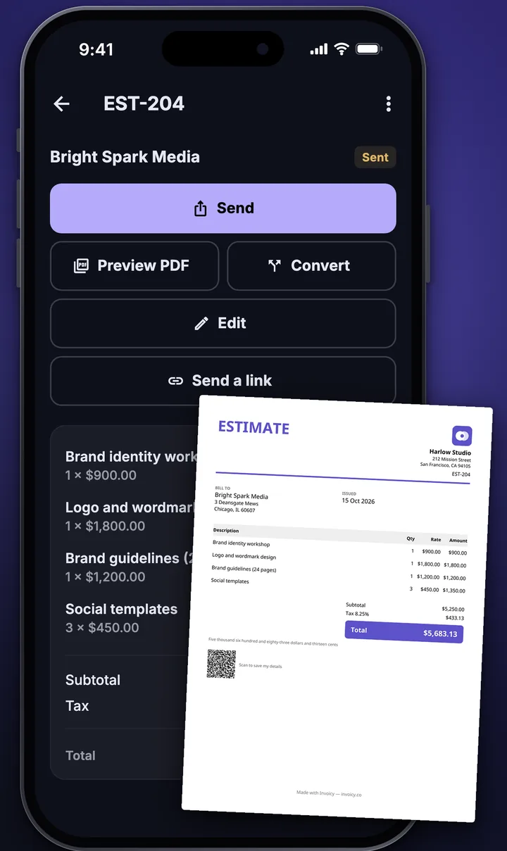 An Invoicy estimate on screen with its branded PDF laid over it.