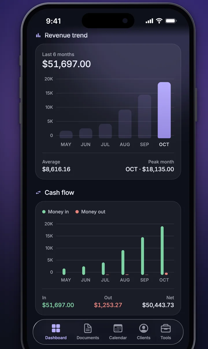 Invoicy reports showing income, expenses and profit.