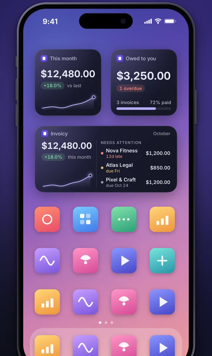 Invoicy widgets on an iPhone Home Screen.